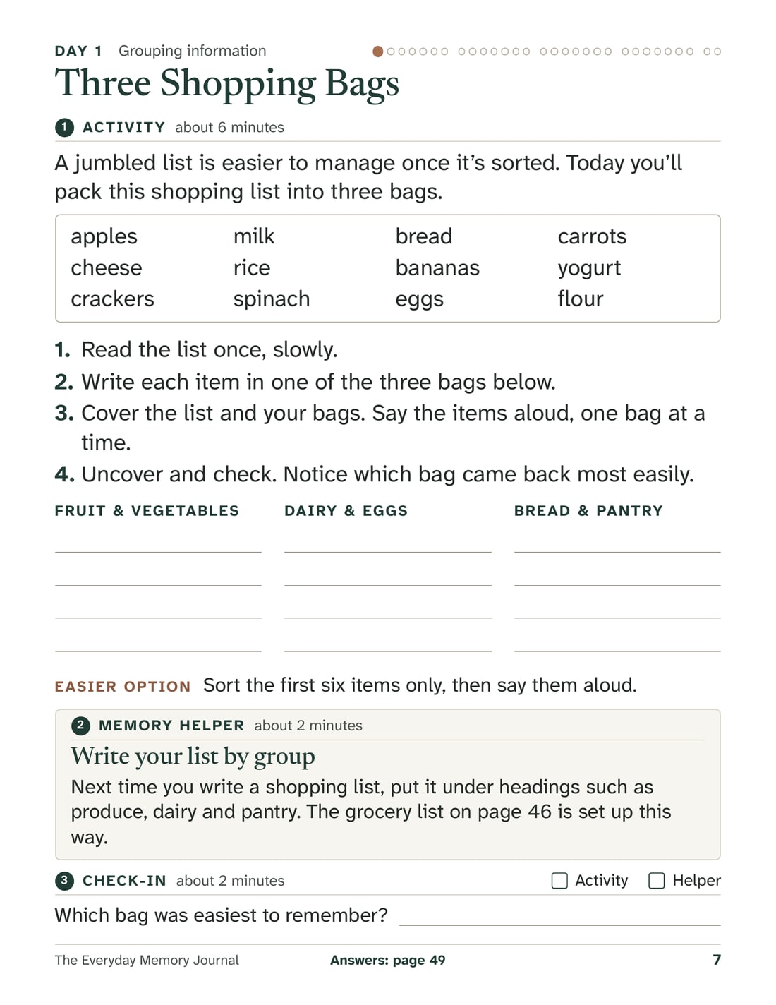 Journal page for Day 1, “Three Shopping Bags.” A list of twelve groceries, four numbered steps, three columns for sorting the groceries into bags, an easier option, a memory helper called “Write your list by group,” and a check-in question.