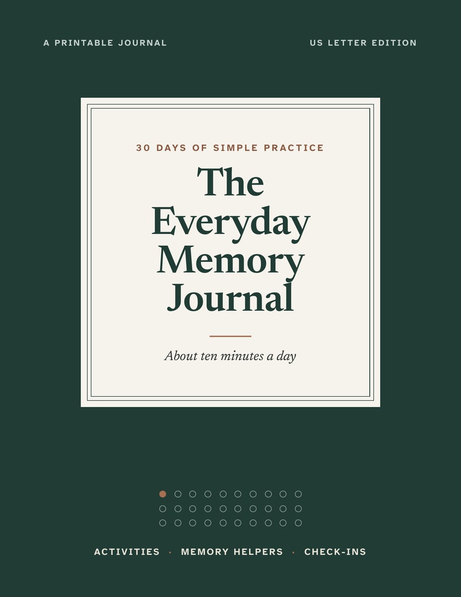 Cover of The Everyday Memory Journal: a deep green cover with a cream label reading “The Everyday Memory Journal, 30 Days of Simple Practice.”
